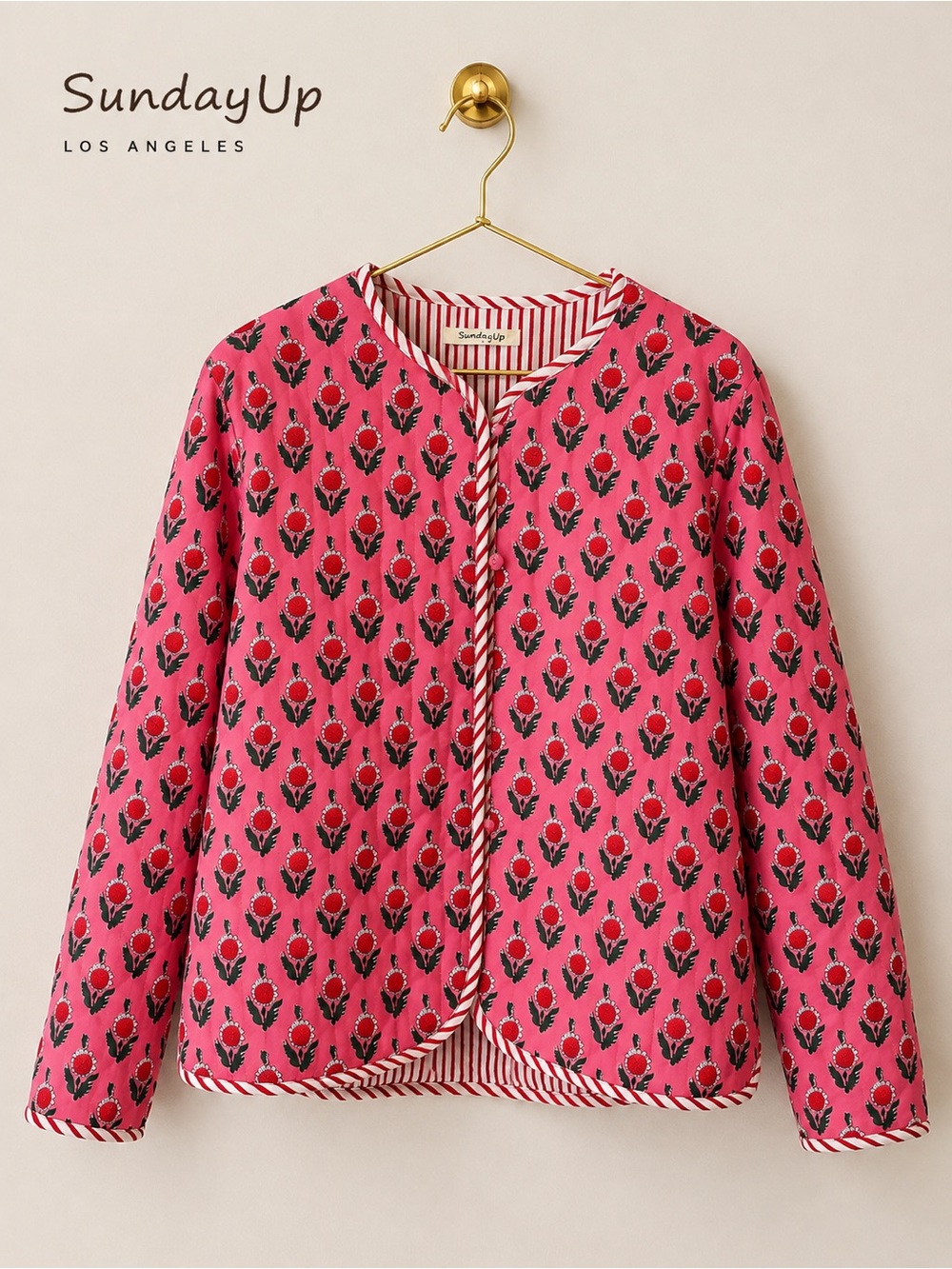 Sundance Pink Floral Quilted Jacket | Reversible Striped Lining